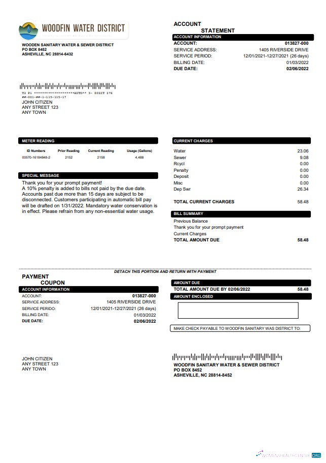 USA North Carolina Woodfin Sanitary Water & Sewer District utility bill template in Word and PDF format